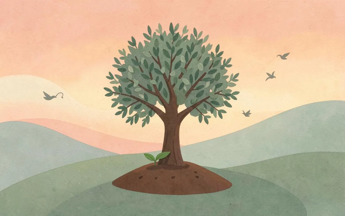 Paper-cut picture from Surah Abasa: a lone olive tree on a quiet hillside at sunset with a small mound of earth beneath it and a fresh green sprout on it, birds flying home
