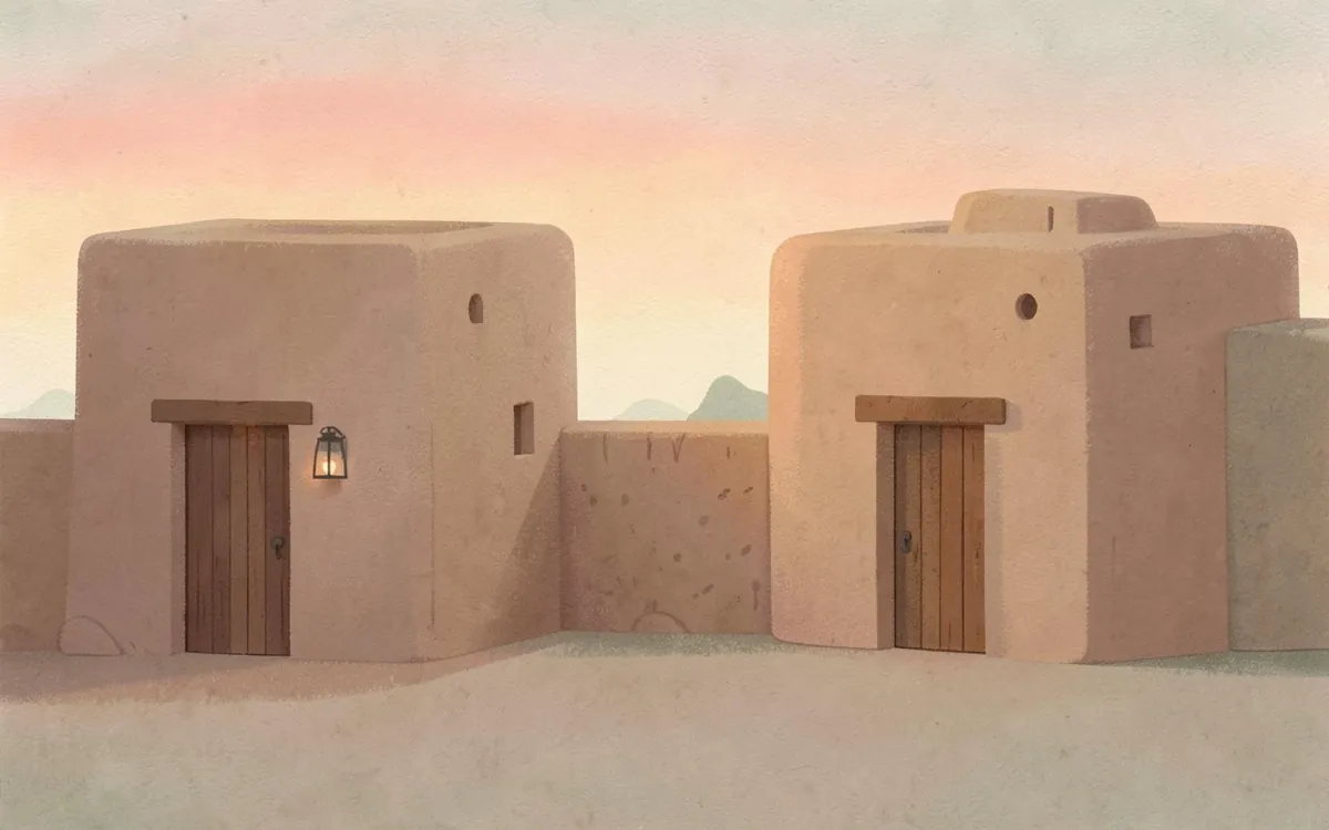 Paper-cut picture from Surah Al-Kafirun: two neighbouring mud-brick houses with a low wall between them, each with its own wooden door and small lantern, a peaceful evening