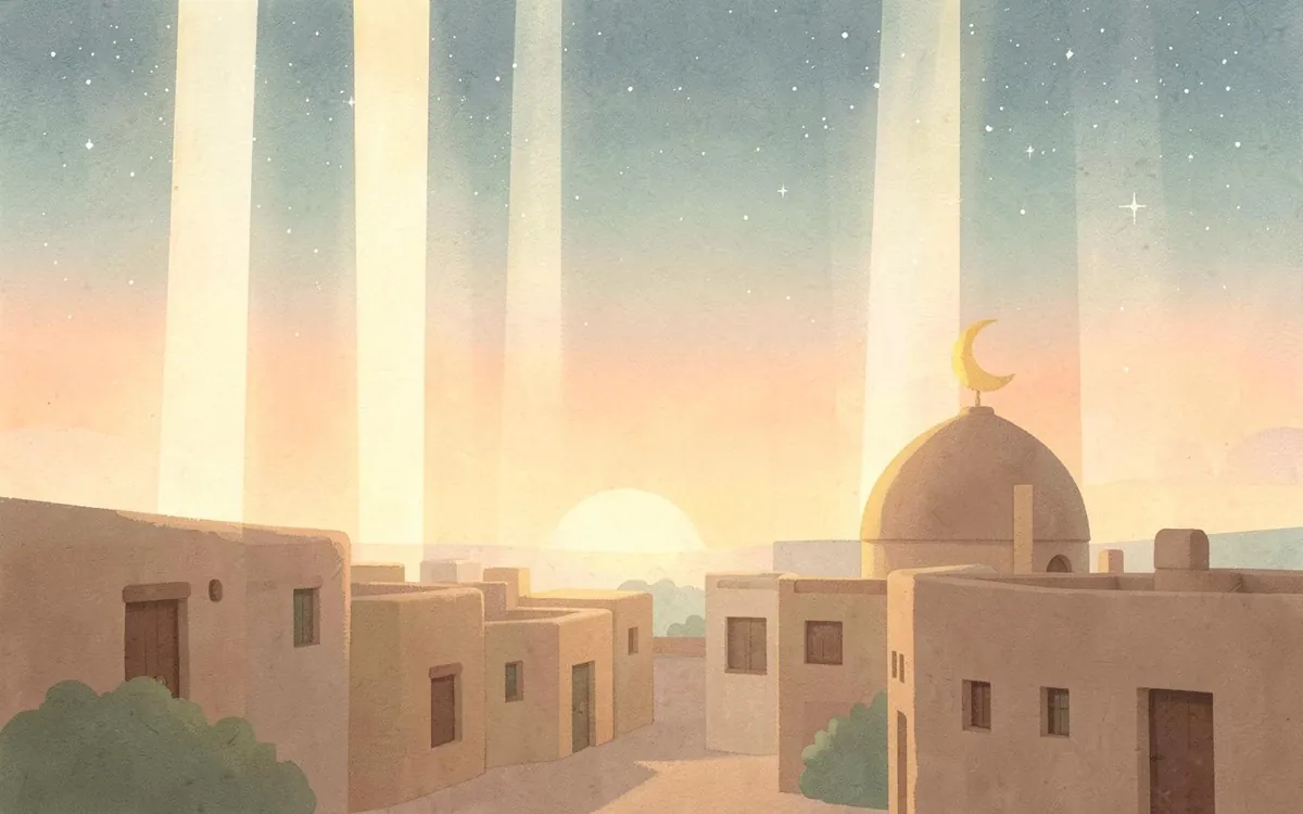 Paper-cut picture from Surah Al-Qadr: soft columns of pale golden light descending from a starry sky onto a sleeping mud-brick town and a mosque dome with a golden crescent, dawn glowing on the horizon