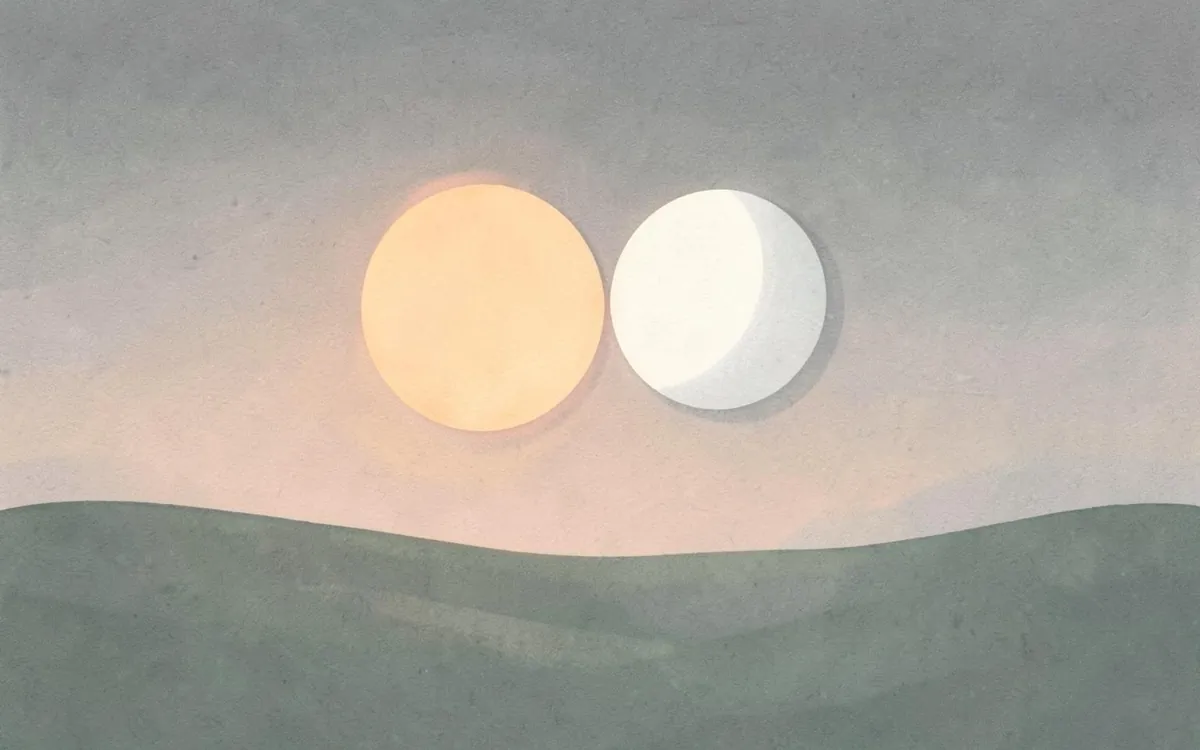 Paper-cut picture from Surah Al-Qiyamah: a dim hushed sky over an empty plain where a pale sun and a pale moon move close together until they touch, soft grey light