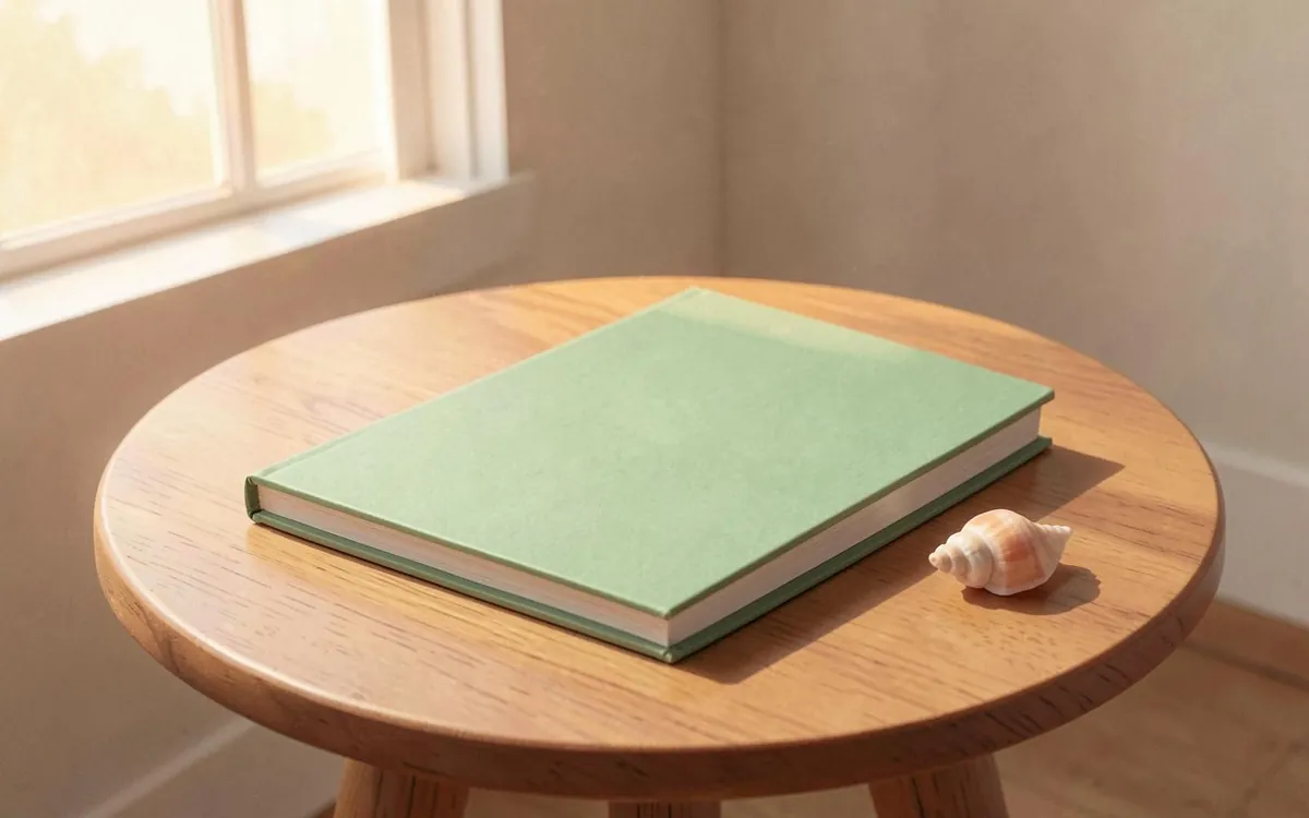Paper-cut picture from Surah Al-Qiyamah: a closed book with a plain green cover lying flat on a low round wooden table in a quiet room with morning light from a window, a small seashell beside it